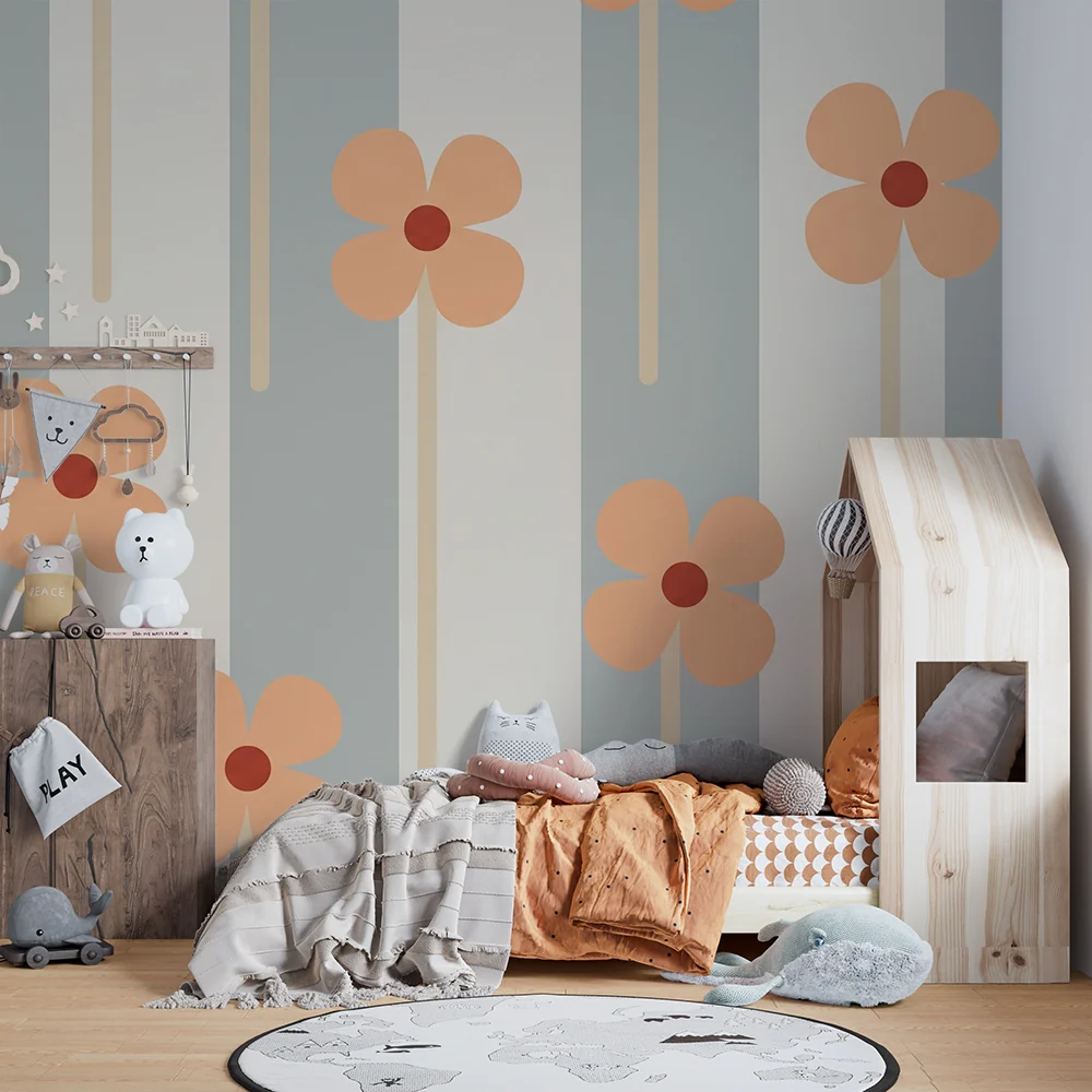 Papel de parede quarto bebê | Delicadas flores em fundo listrado em tons suaves