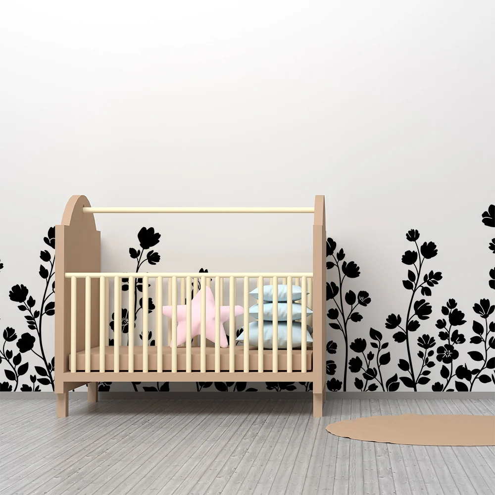 Papel de parede quarto bebê | Delicadas flores pretas em fundo branco