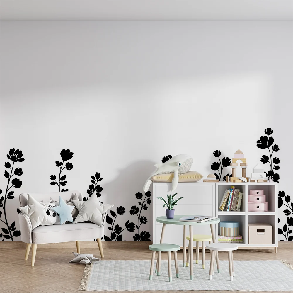 Papel de parede quarto bebê | Delicadas flores pretas em fundo branco