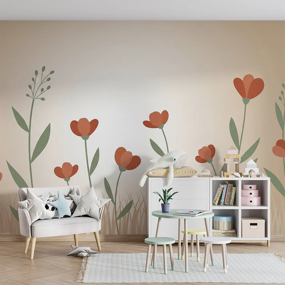 Papel de parede quarto bebê | Delicadas flores em fundo bege