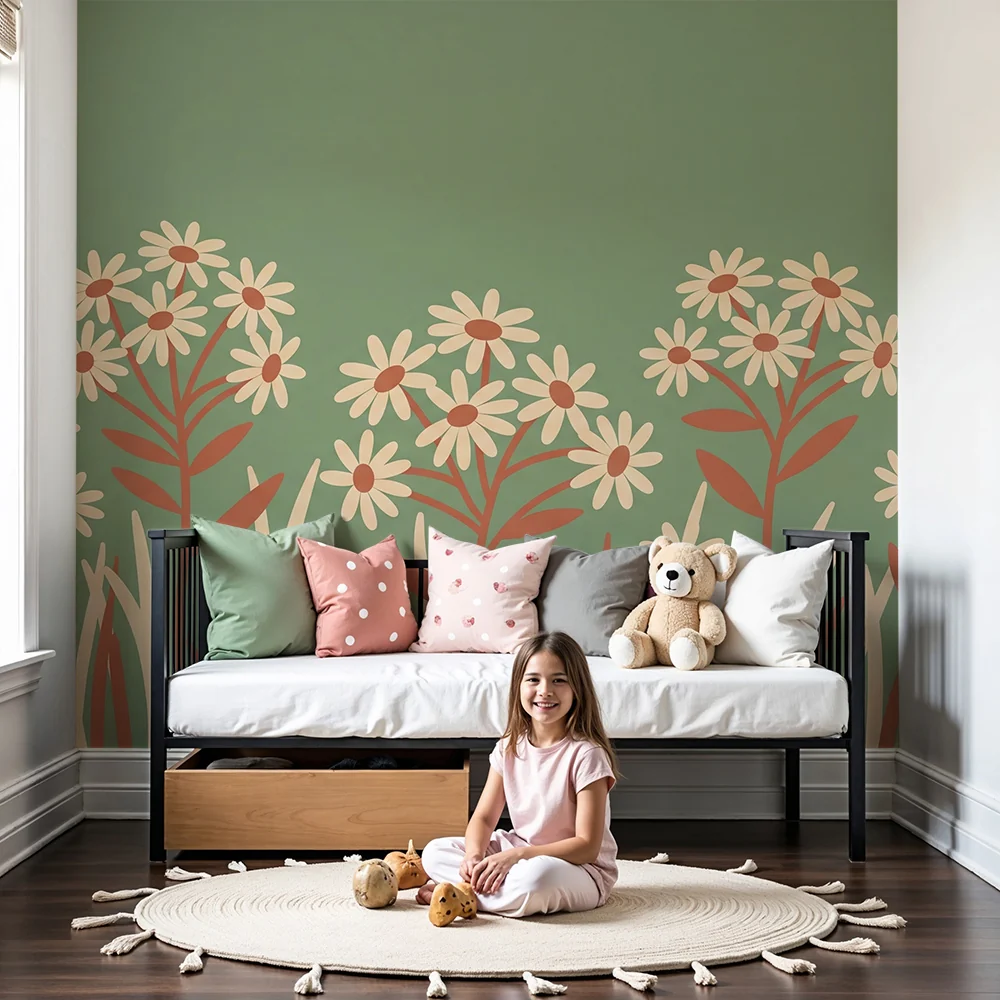 Papel de parede quarto bebê | Delicadas flores em fundo verde