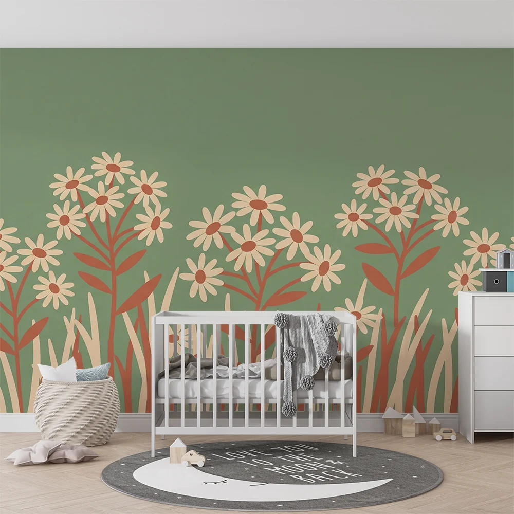 Papel de parede quarto bebê | Delicadas flores em fundo verde