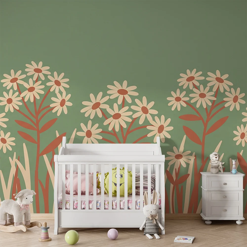 Papel de parede quarto bebê | Delicadas flores em fundo verde
