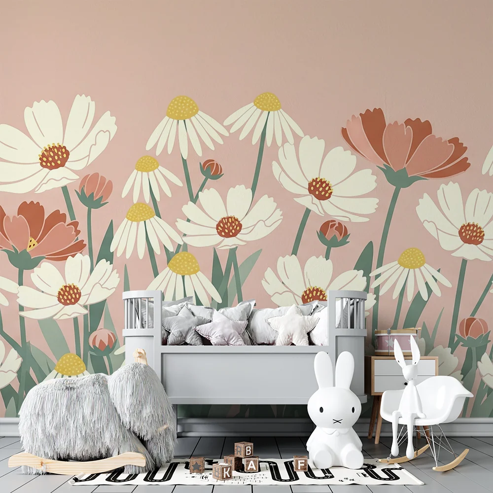 Papel de parede quarto bebê | Delicadas flores em fundo rosa pastel