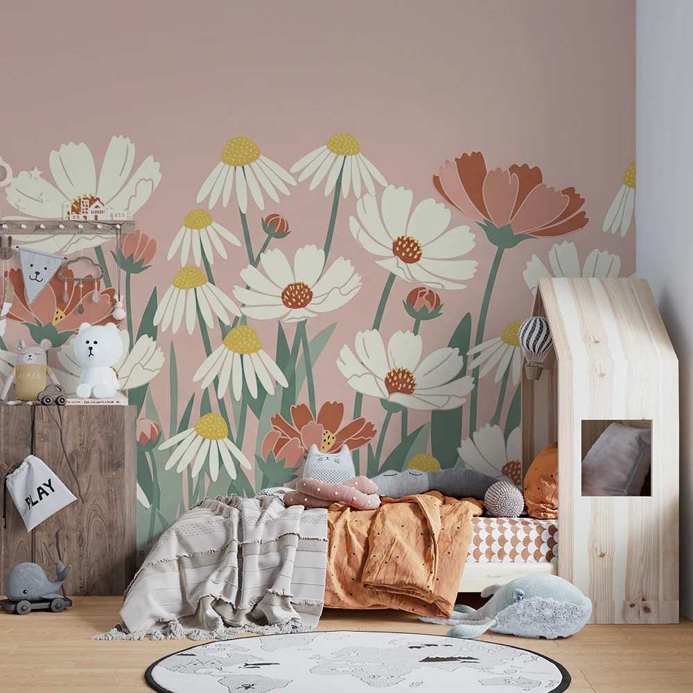 Papel de parede quarto bebê | Delicadas flores em fundo rosa pastel