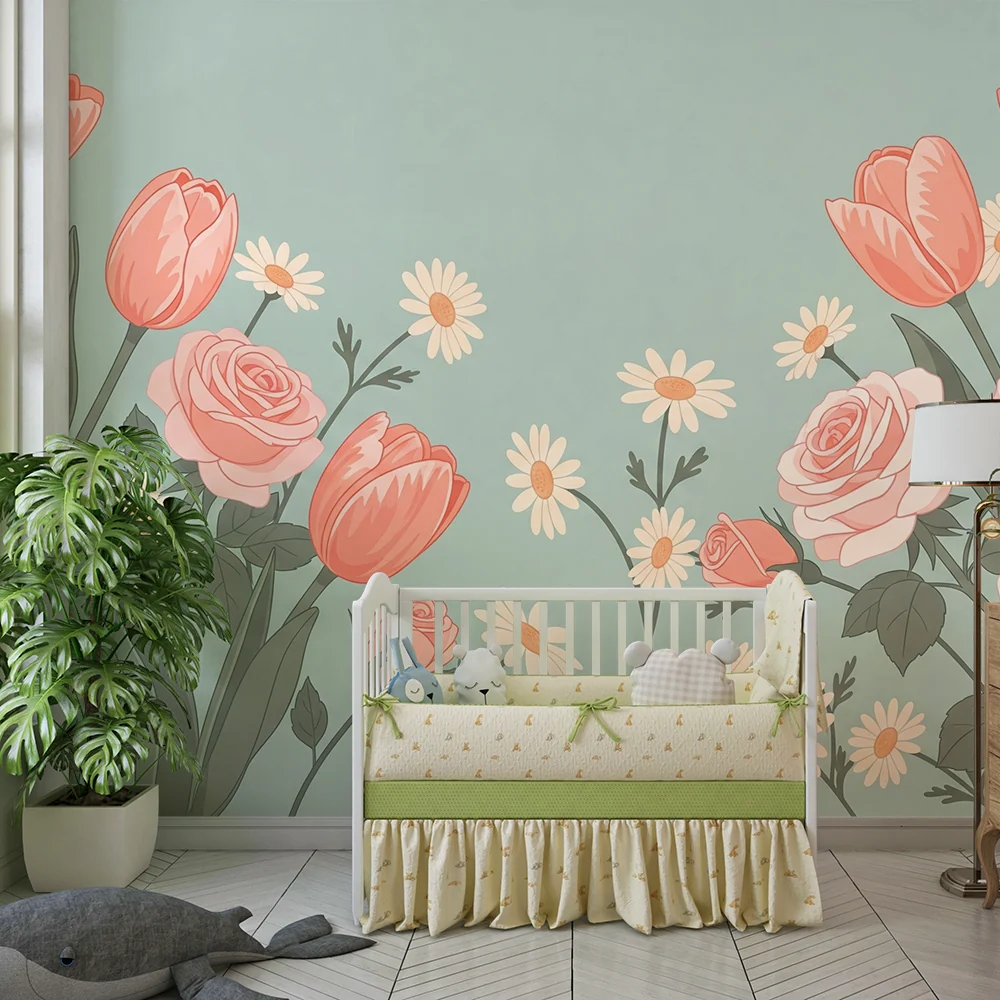 Papel de parede quarto bebê | Delicadas flores e tulipas em fundo pastel