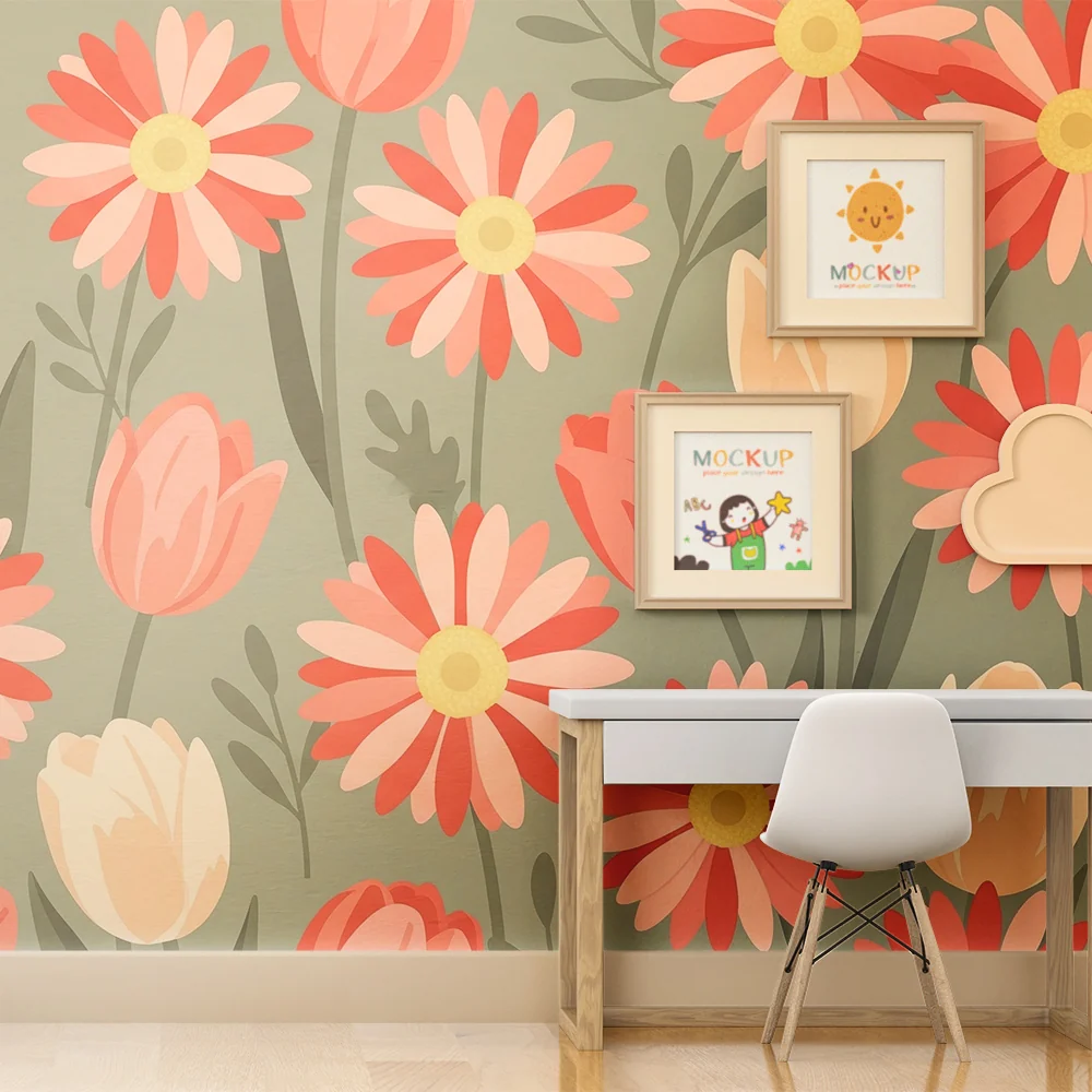 Papel de parede quarto bebê | Delicadas flores e tulipas em tons suaves