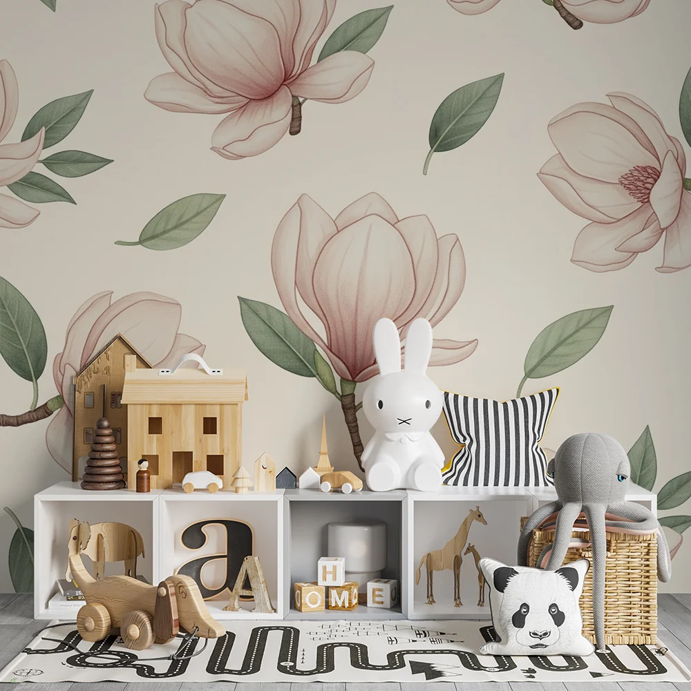 Papel de parede quarto bebê | Delicadas flores de magnólia