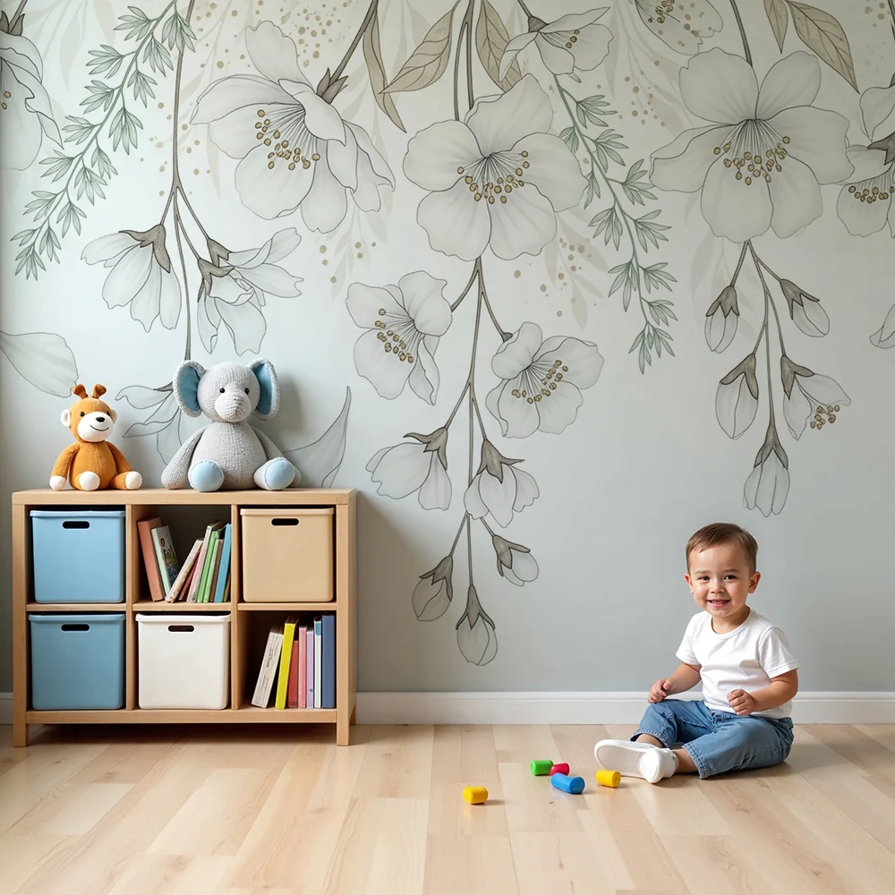 Papel de parede quarto bebê | Delicadas flores brancas com folhagem suave