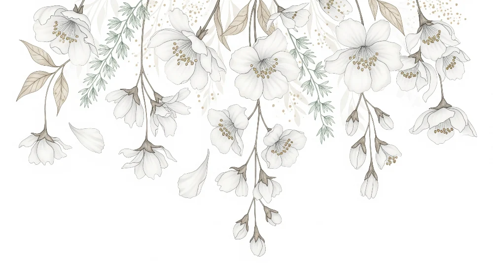Papel de parede quarto bebê | Delicadas flores brancas com folhagem suave