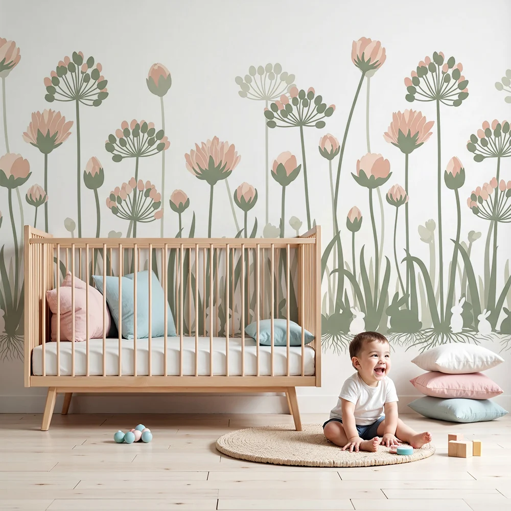 Papel de parede quarto bebê | Delicadas flores e coelhos em um jardim tranquilo