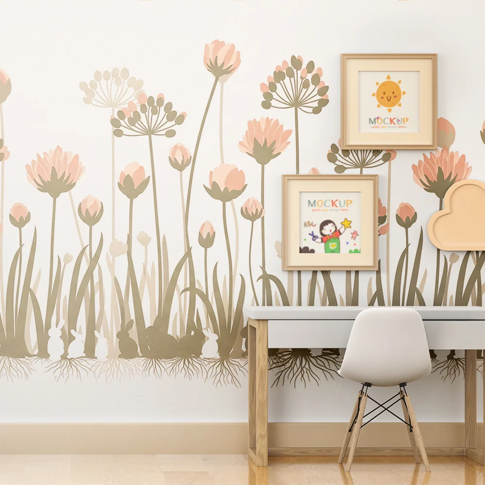 Papel de parede quarto bebê | Delicadas flores e coelhos em um jardim tranquilo