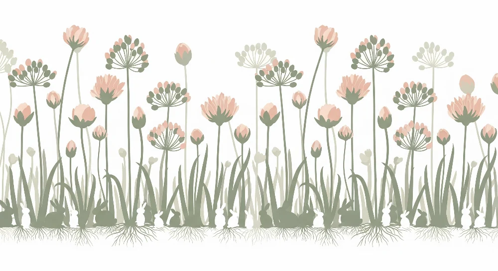 Papel de parede quarto bebê | Delicadas flores e coelhos em um jardim tranquilo