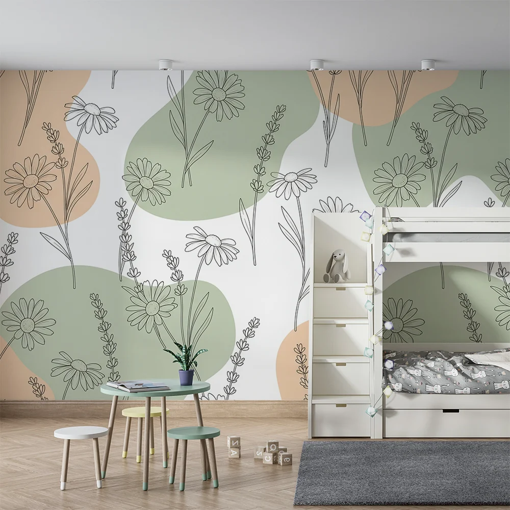 Papel de parede quarto bebê | Delicadas flores e formas orgânicas verde e bege