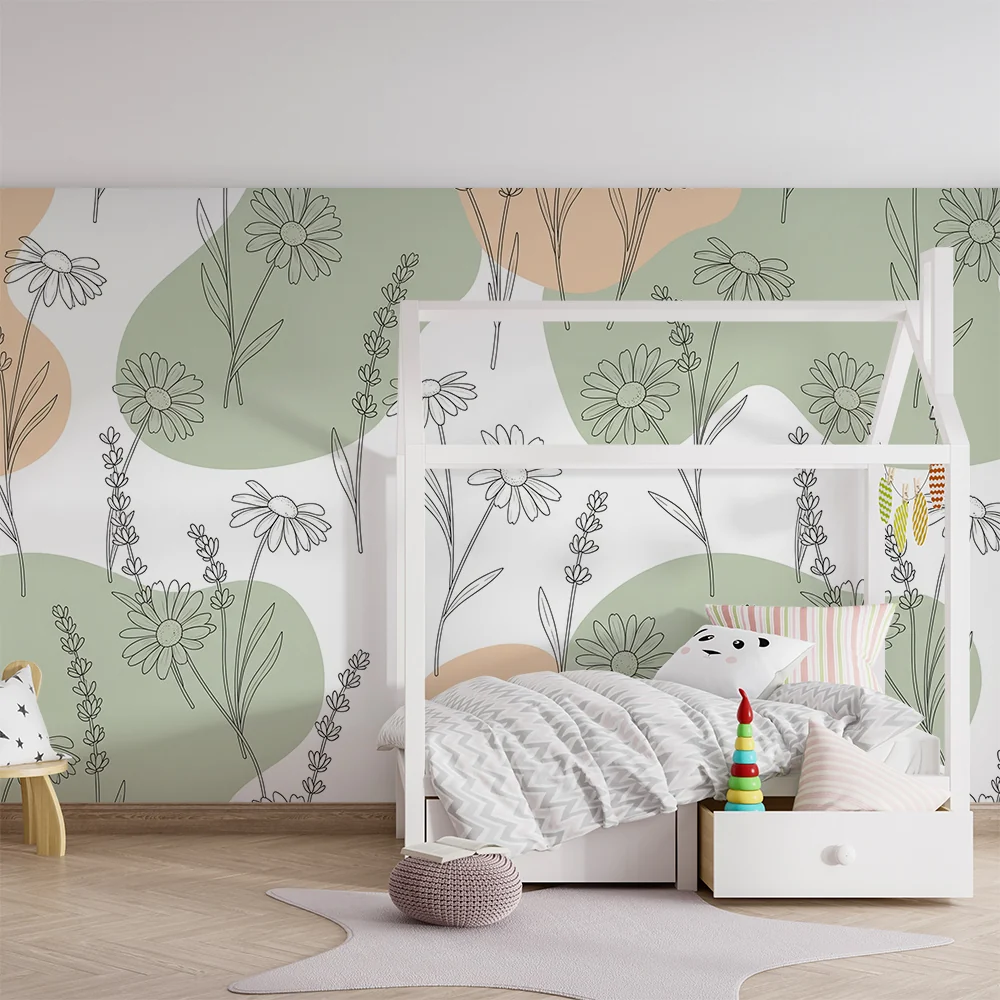 Papel de parede quarto bebê | Delicadas flores e formas orgânicas verde e bege