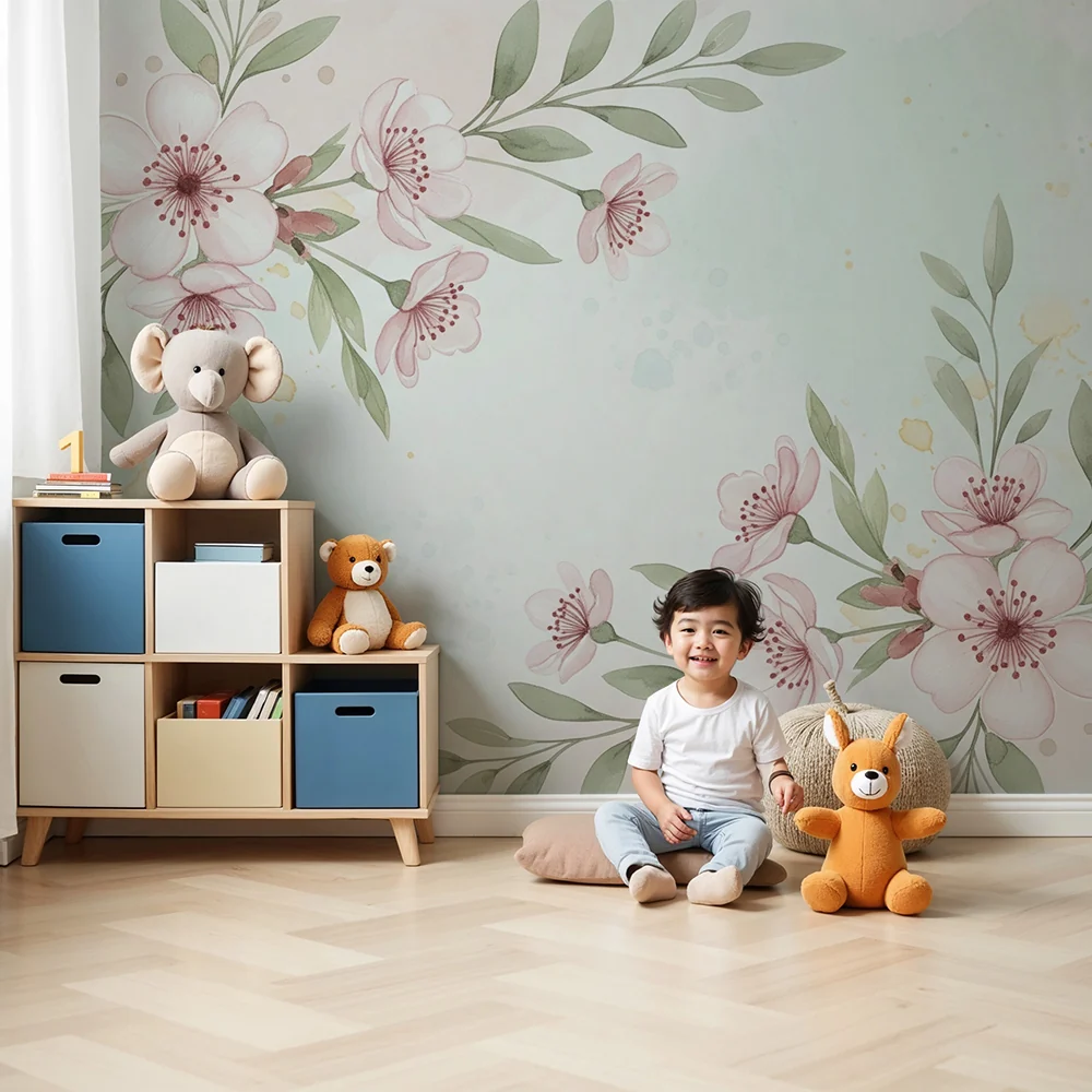 Papel de parede quarto bebê | Delicadas flores e fundo pastel