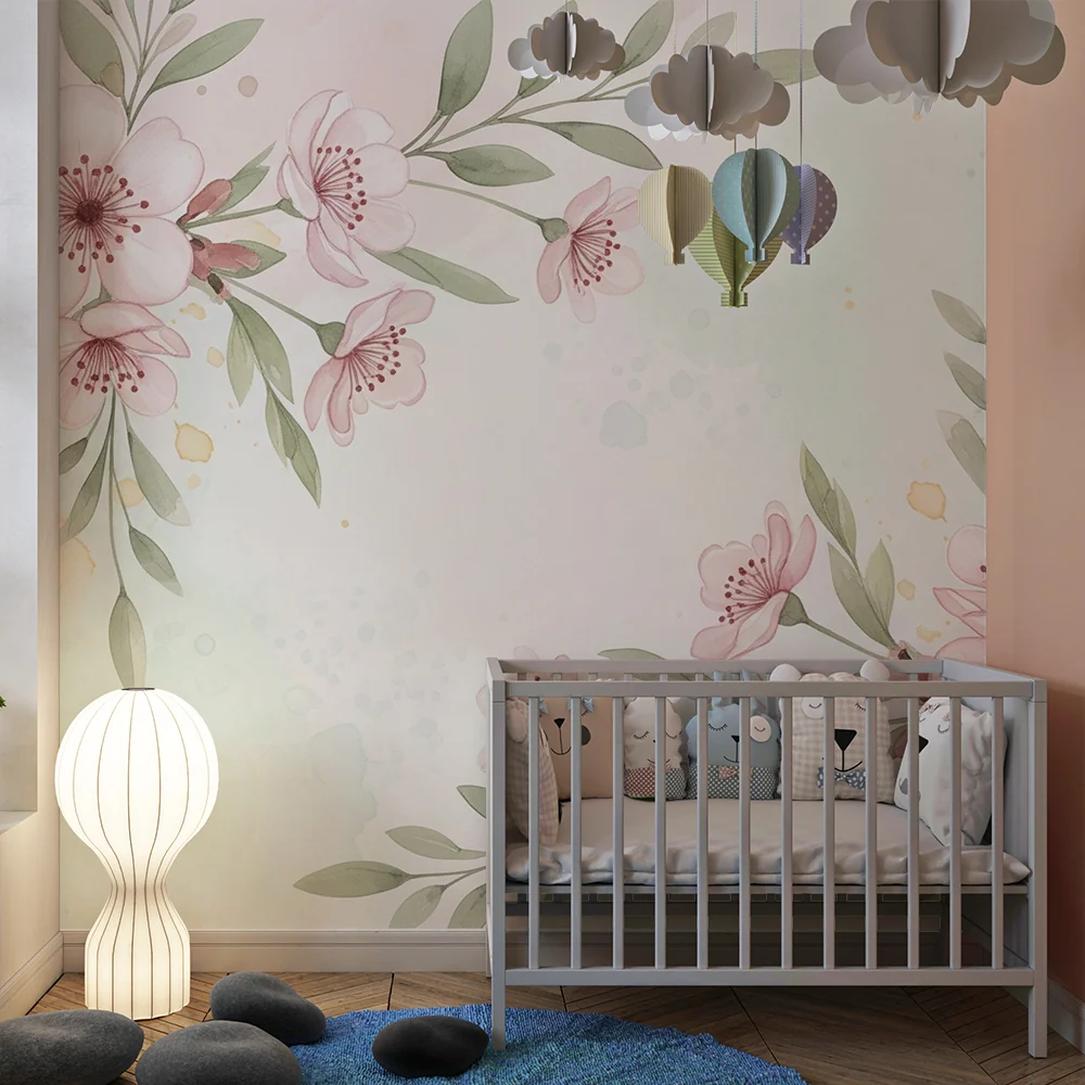 Papel de parede quarto bebê | Delicadas flores e fundo pastel