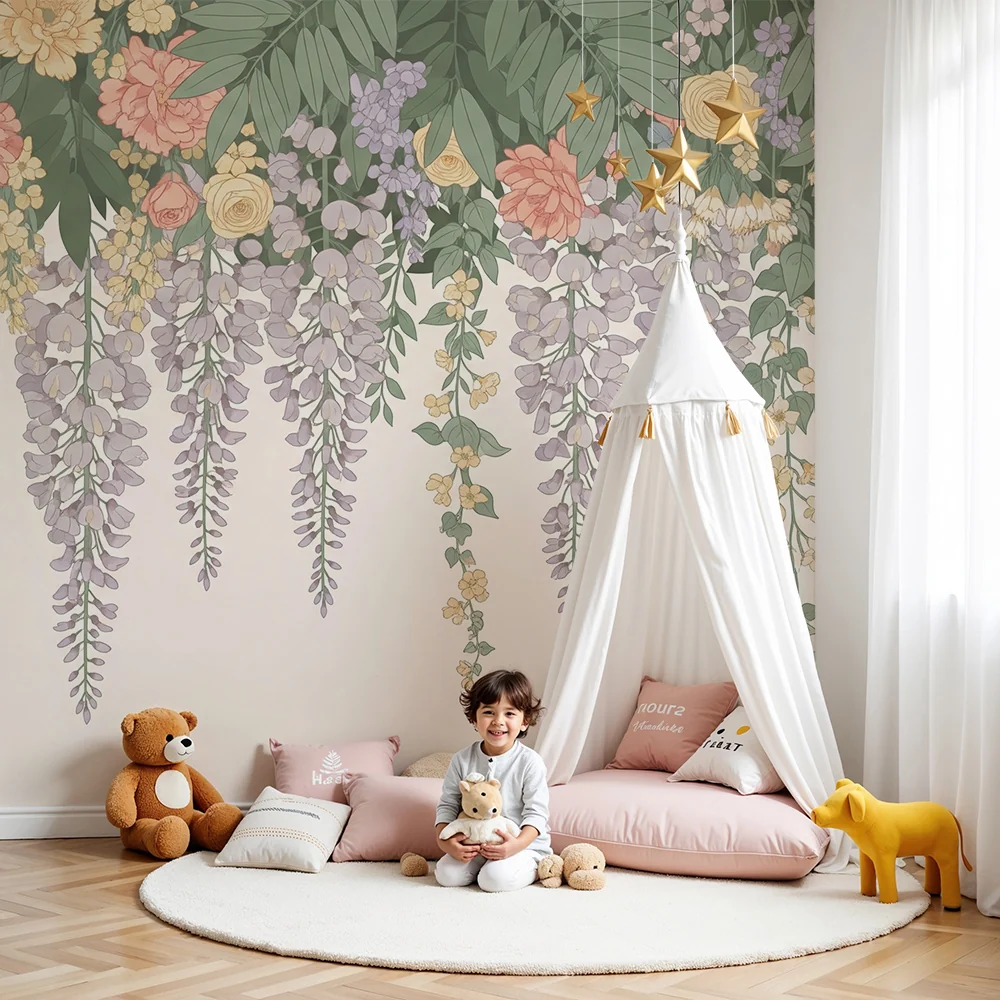 Papel de parede quarto bebê | Delicadas flores e folhagem suspensa em tons pastel