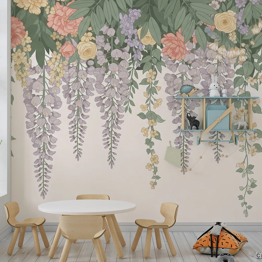 Papel de parede quarto bebê | Delicadas flores e folhagem suspensa em tons pastel