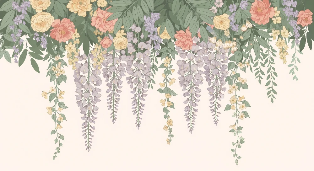 Papel de parede quarto bebê | Delicadas flores e folhagem suspensa em tons pastel