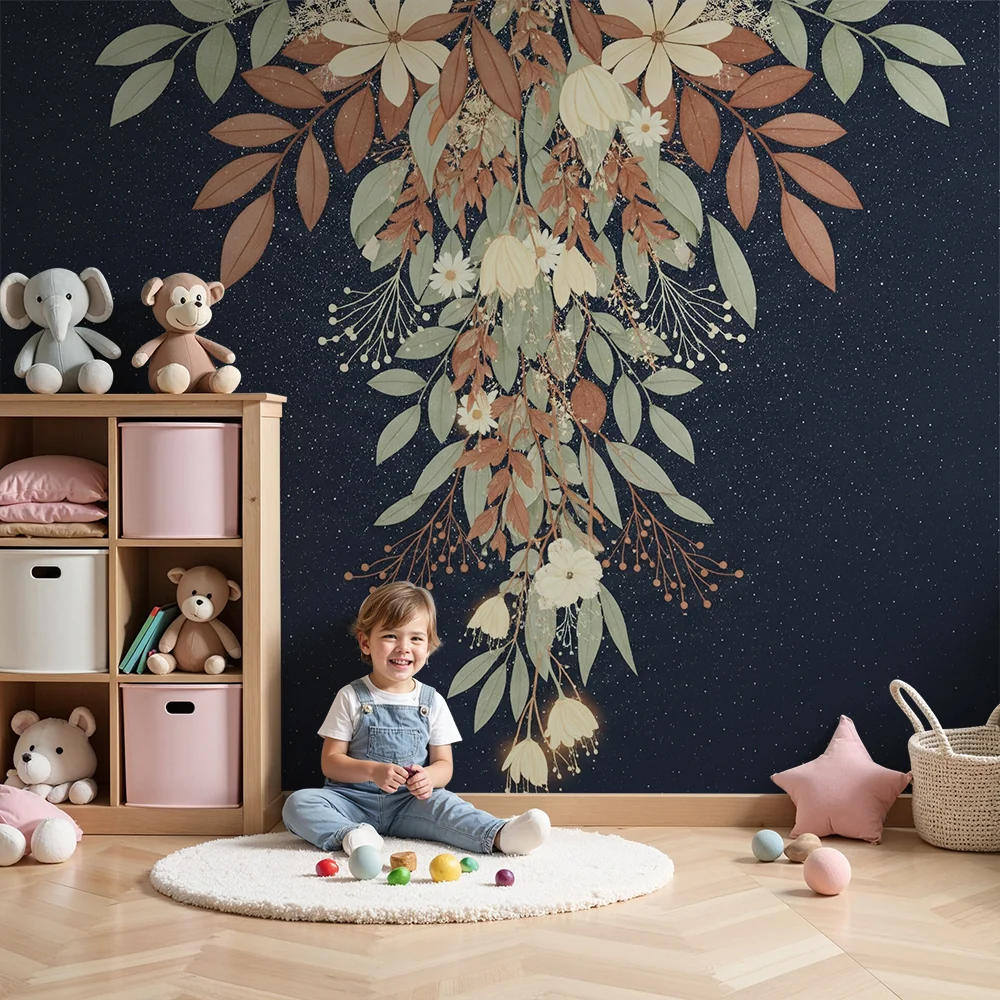 Papel de parede quarto bebê | Delicadas flores e folhagem em fundo estrelado