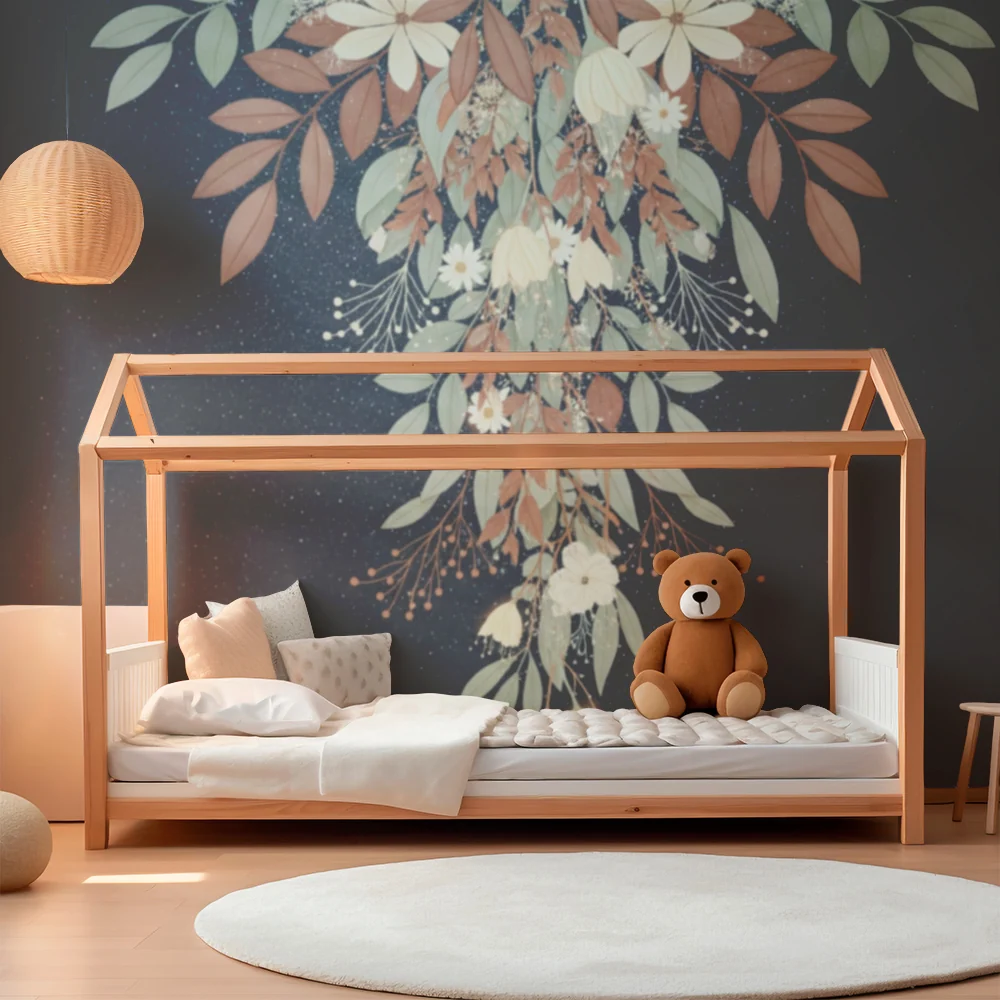 Papel de parede quarto bebê | Delicadas flores e folhagem em fundo estrelado