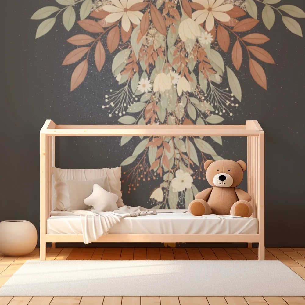Papel de parede quarto bebê | Delicadas flores e folhagem em fundo estrelado