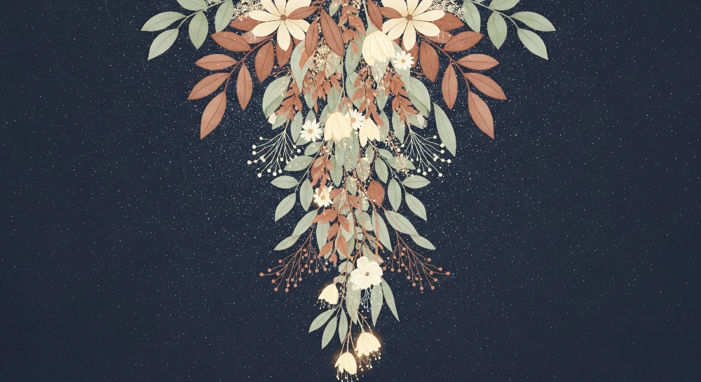 Papel de parede quarto bebê | Delicadas flores e folhagem em fundo estrelado