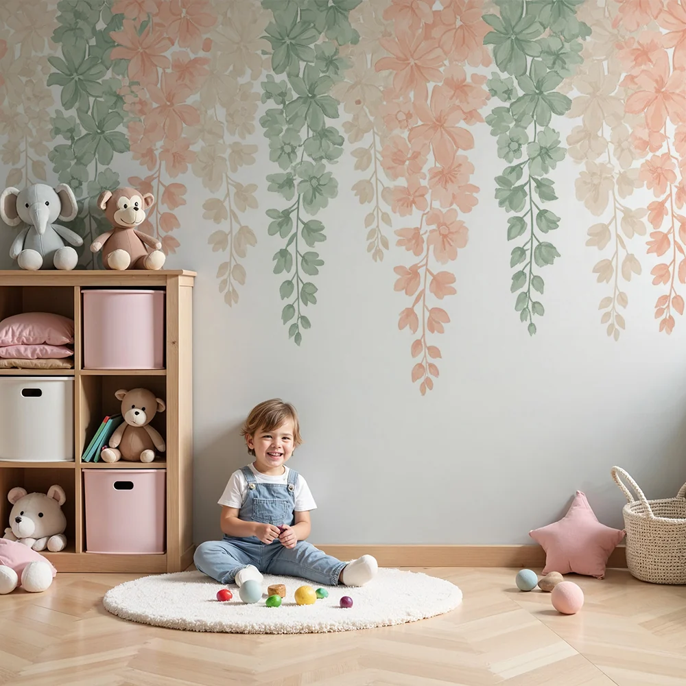 Papel de parede quarto bebê | Delicadas flores e folhagem suspensas em tons pastel