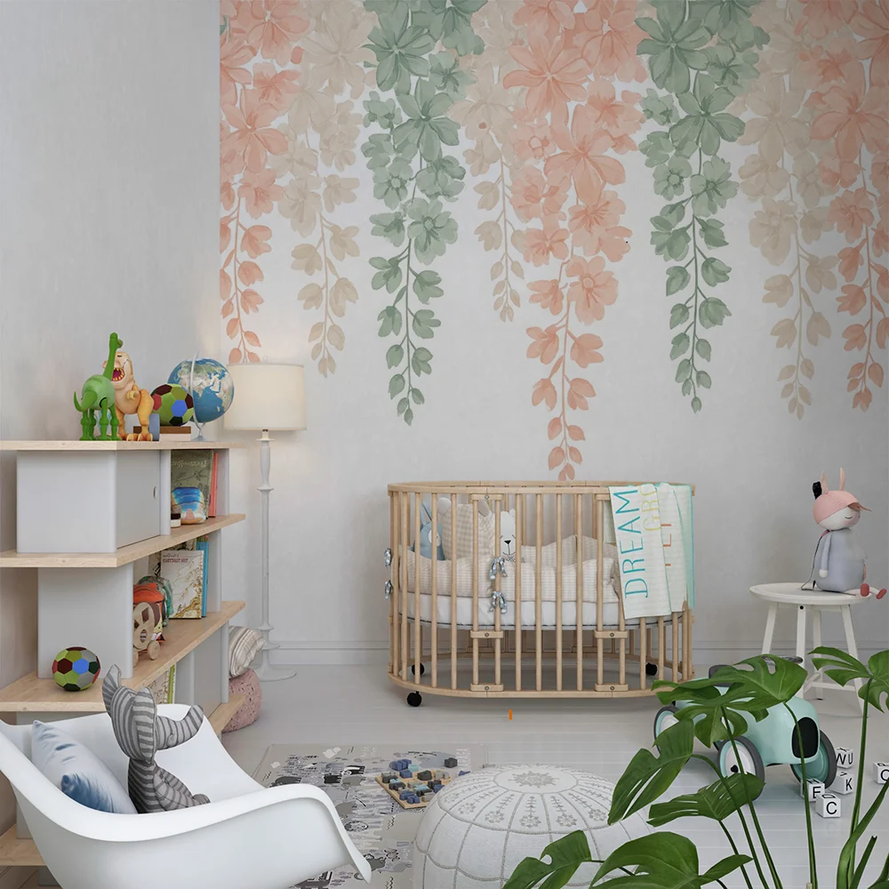 Papel de parede quarto bebê | Delicadas flores e folhagem suspensas em tons pastel