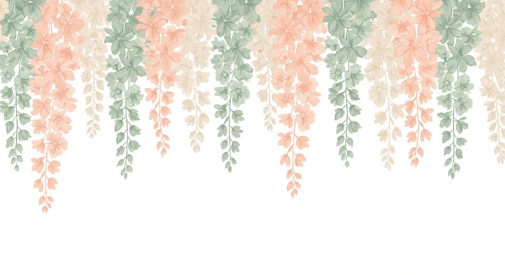 Papel de parede quarto bebê | Delicadas flores e folhagem suspensas em tons pastel