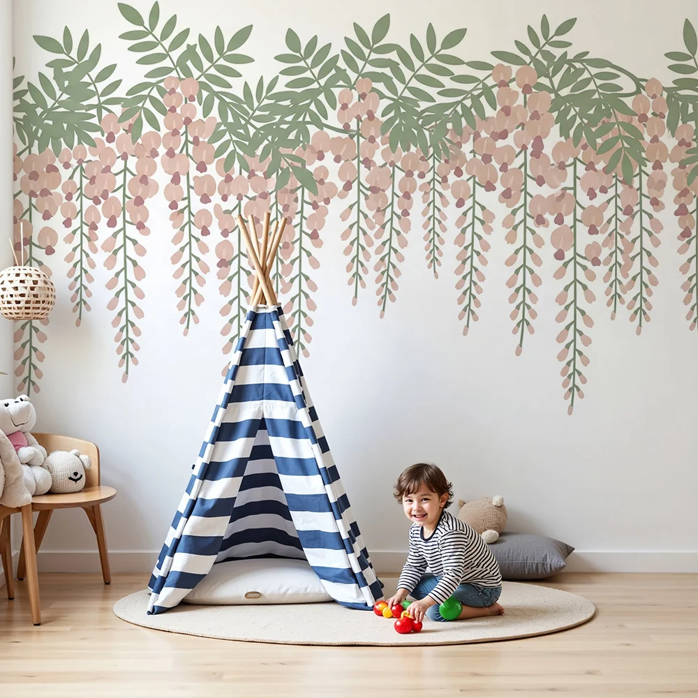 Papel de parede quarto bebê | Delicadas flores e folhagem calmante