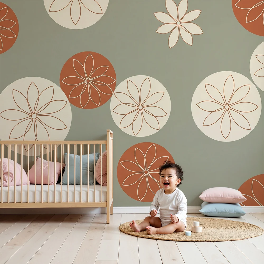Papel de parede quarto bebê | Delicadas flores e círculos coloridos