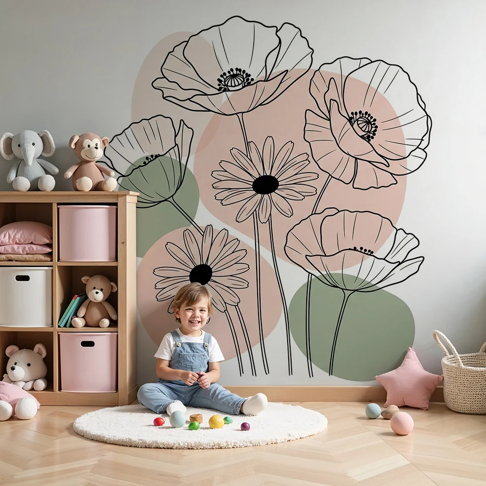 Papel de parede quarto bebê | Delicadas flores e padrões modernos em preto e tons pastel