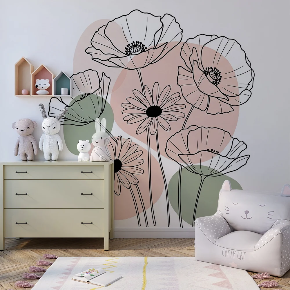 Papel de parede quarto bebê | Delicadas flores e padrões modernos em preto e tons pastel