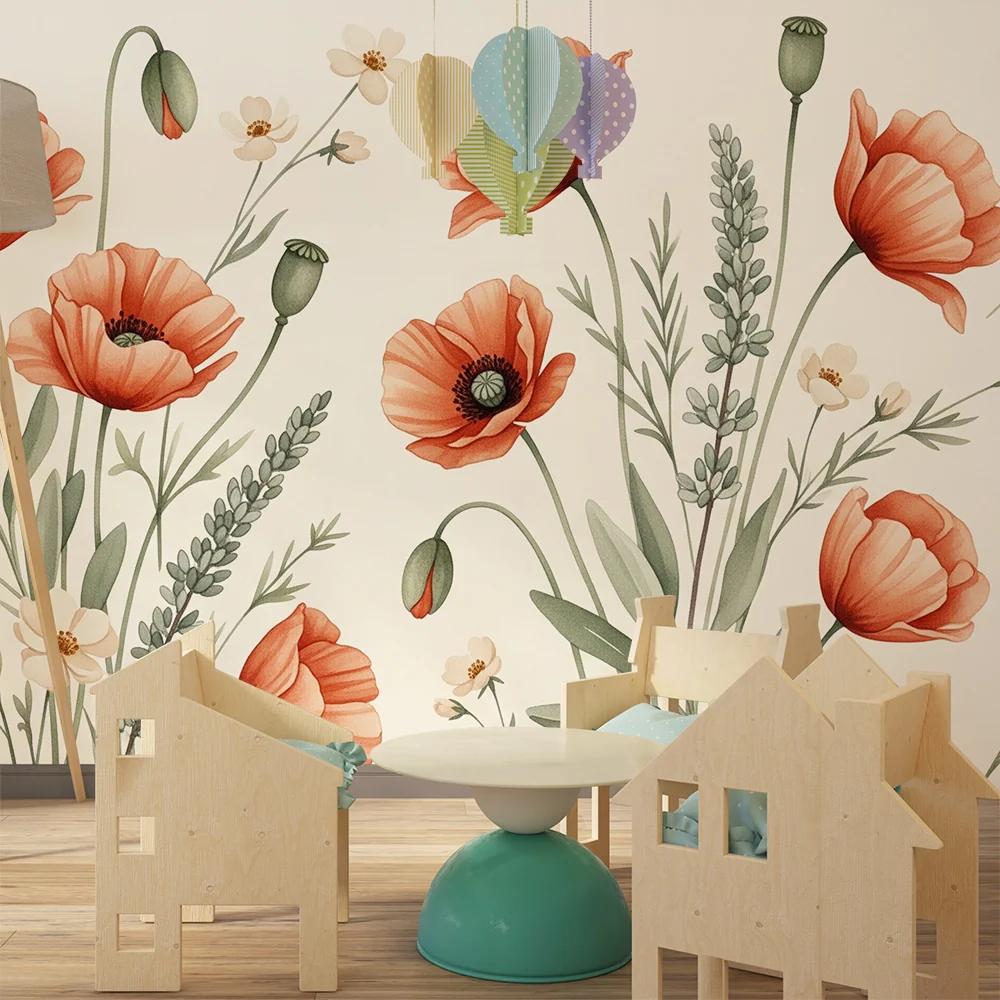 Papel de parede quarto bebê | Delicadas flores e papoilas