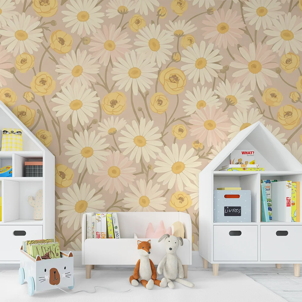 Papel de parede quarto bebê | Delicadas flores e margaridas em fundo suave