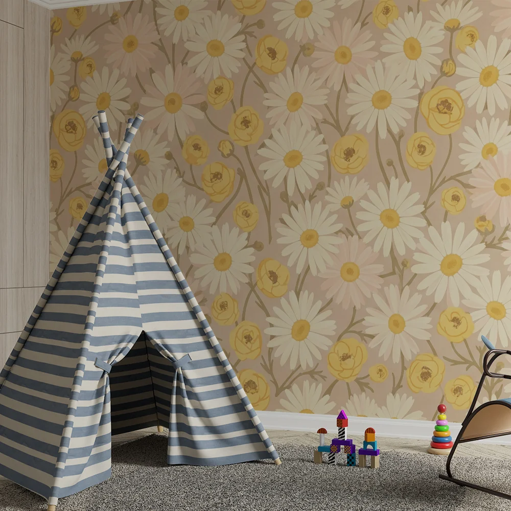 Papel de parede quarto bebê | Delicadas flores e margaridas em fundo suave