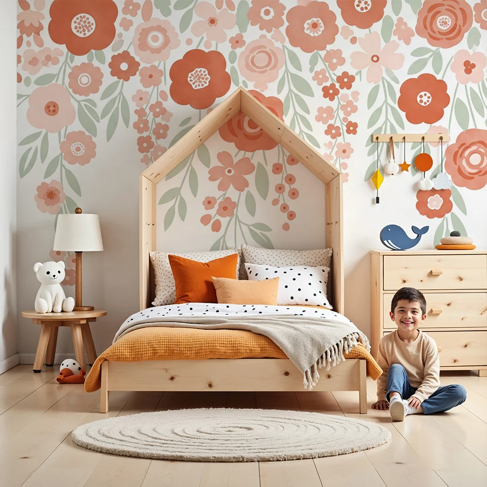Papel de parede quarto bebê | Delicadas flores em tons pastel com folhagem suave