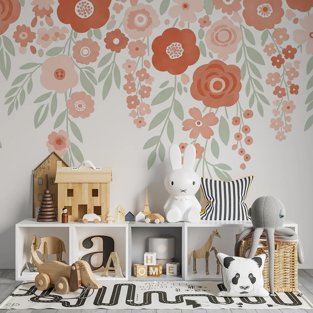 Papel de parede quarto bebê | Delicadas flores em tons pastel com folhagem suave