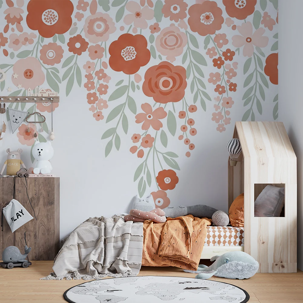 Papel de parede quarto bebê | Delicadas flores em tons pastel com folhagem suave