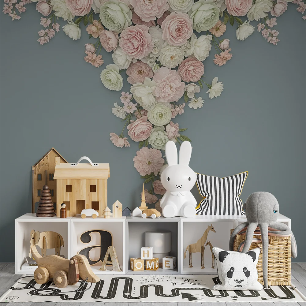 Papel de parede quarto bebê | Delicadas flores em tons pastel em fundo azul
