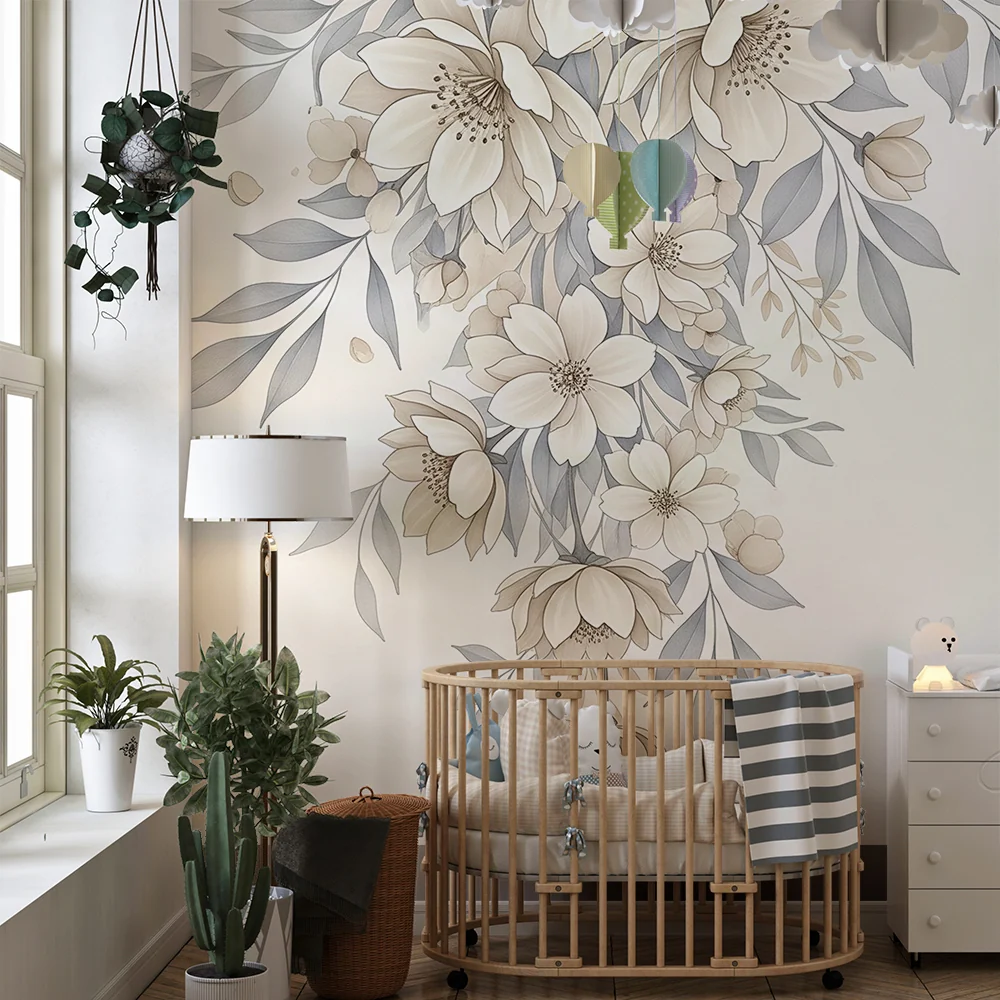 Papel de parede quarto bebê | Delicadas flores em tons suaves e pastel