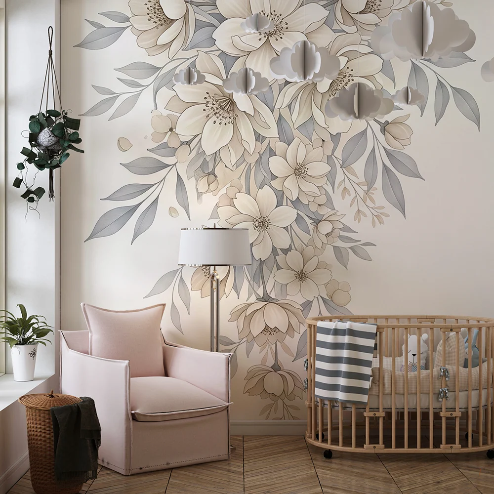 Papel de parede quarto bebê | Delicadas flores em tons suaves e pastel