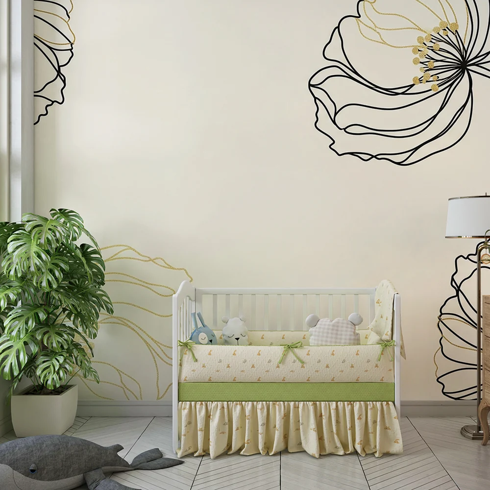 Papel de parede quarto bebê | Delicadas flores em preto e ouro