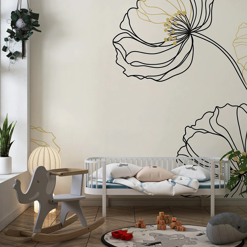 Papel de parede quarto bebê | Delicadas flores em preto e ouro