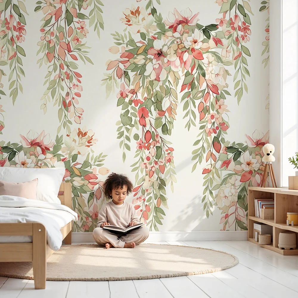 Papel de parede quarto bebê | Delicadas flores e folhagem em aquarela
