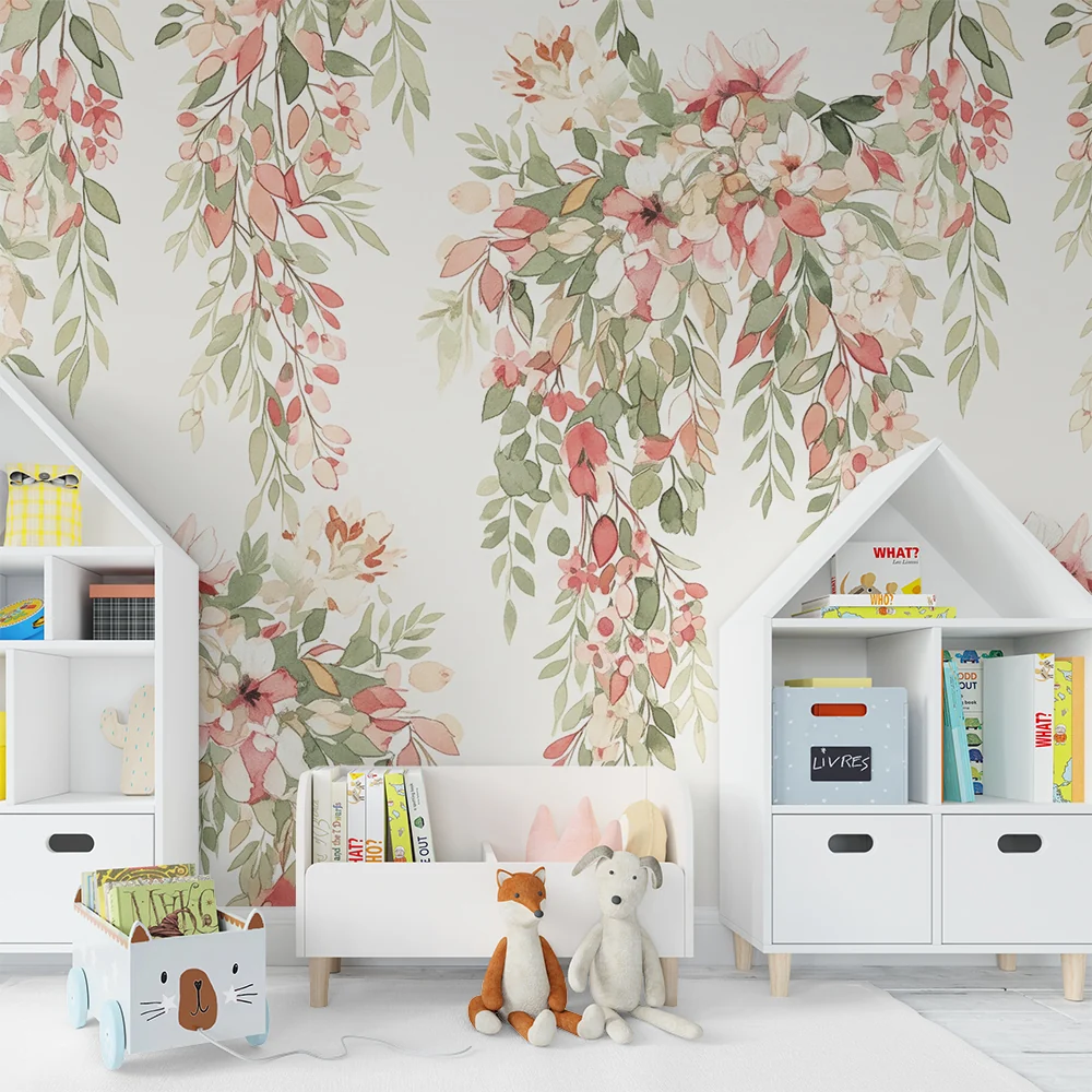 Papel de parede quarto bebê | Delicadas flores e folhagem em aquarela