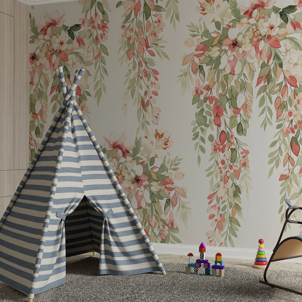Papel de parede quarto bebê | Delicadas flores e folhagem em aquarela