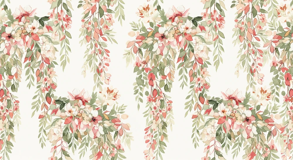 Papel de parede quarto bebê | Delicadas flores e folhagem em aquarela